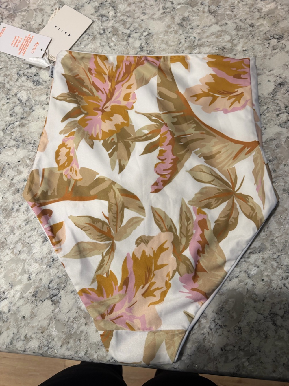 High-Waist Floral Bikini Bottoms in White, Tan & Pink